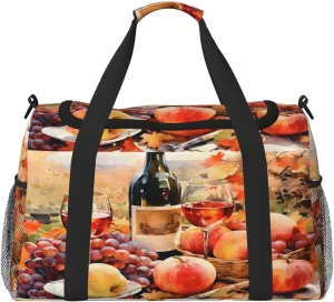Wine Fruits Oil Painting Travel Duffel Bag with Strap Multi Pockets Sports Bag Handbag Large Shoulder Bag for Gym Weekend Fitness Camping