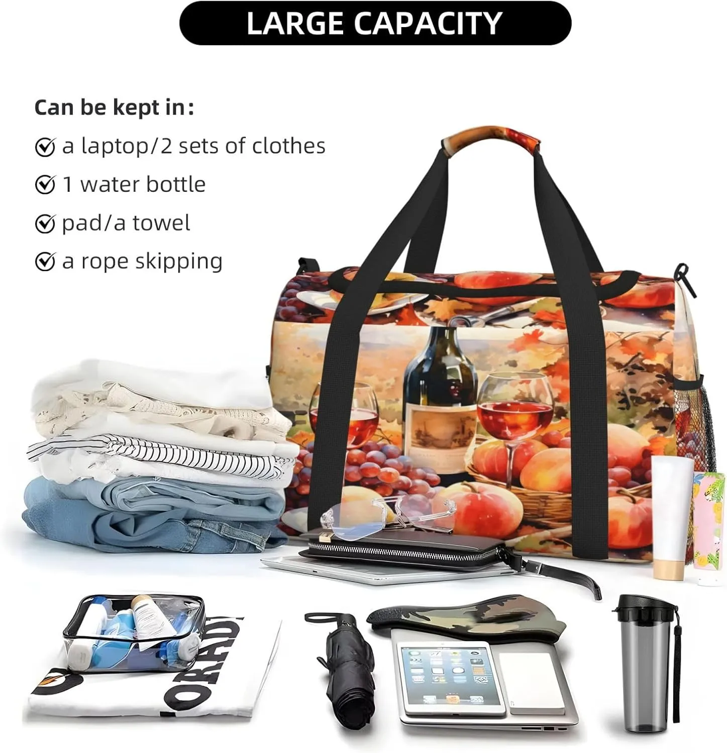 Wine Fruits Oil Painting Travel Duffel Bag with Strap Multi Pockets Sports Bag Handbag Large Shoulder Bag for Gym Weekend Fitness Camping