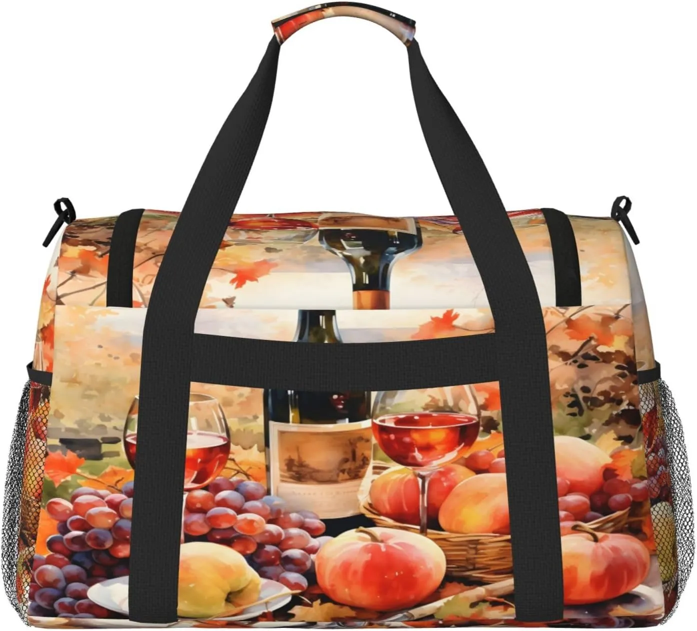 Wine Fruits Oil Painting Travel Duffel Bag with Strap Multi Pockets Sports Bag Handbag Large Shoulder Bag for Gym Weekend Fitness Camping