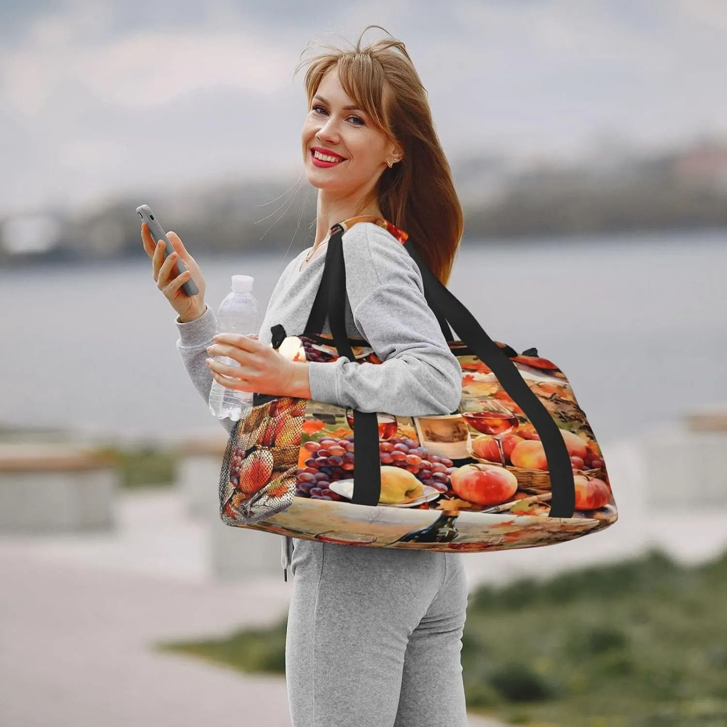 Wine Fruits Oil Painting Travel Duffel Bag with Strap Multi Pockets Sports Bag Handbag Large Shoulder Bag for Gym Weekend Fitness Camping