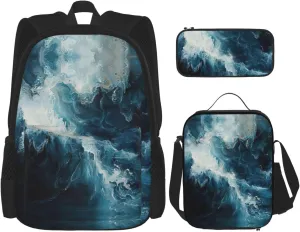 Within The Tides Print Stylish Travel Backpack And Lunch Box Set,600d Oxford Fabric,With Insulated Lunch Bag