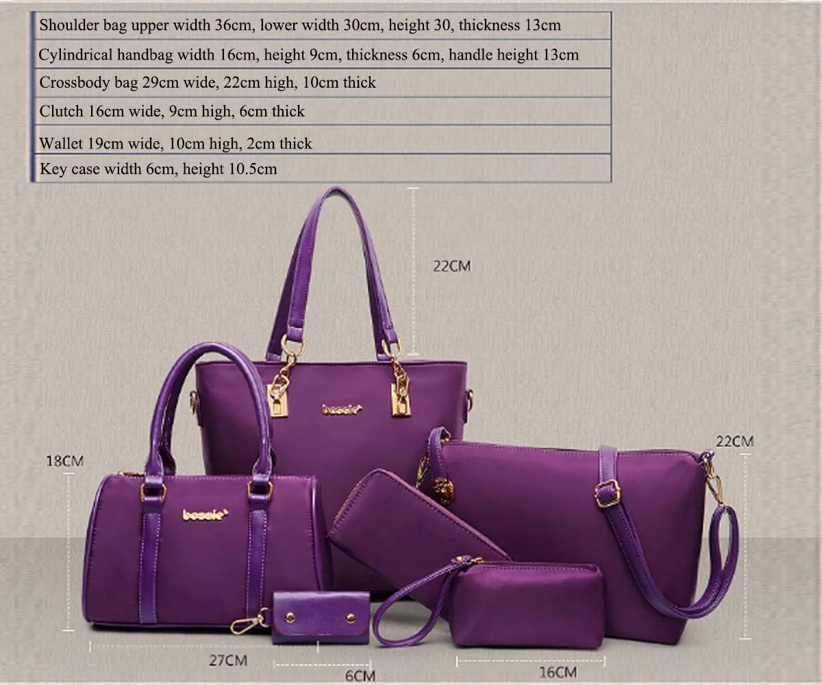 Women Handbag Nylon Leather Shoulder Bag Tote Bags Wallet Key Case Clutch 6 Pcs Set