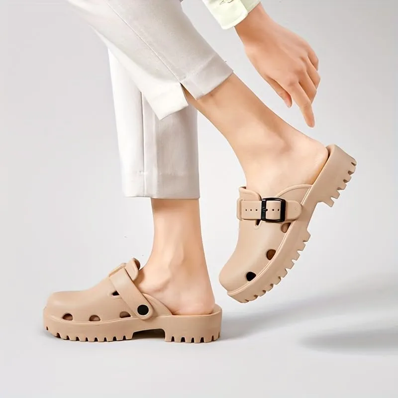 Women's Arch Support Clogs, Solid Color Hollow Out Anti-Slip Garden Shoes, Casual Outdoor Summer Slide Shoes