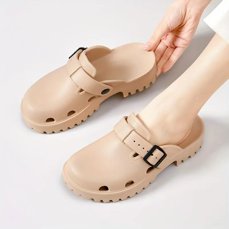 Women's Arch Support Clogs, Solid Color Hollow Out Anti-Slip Garden Shoes, Casual Outdoor Summer Slide Shoes