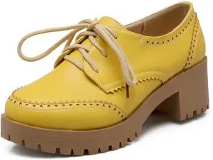 Women's Leather Chunky Block Heel Classic Oxfords Retro Round Toe Chunky Platform Lug Sole Non-Slip Perforated Lace-Up Business Formal Shoes