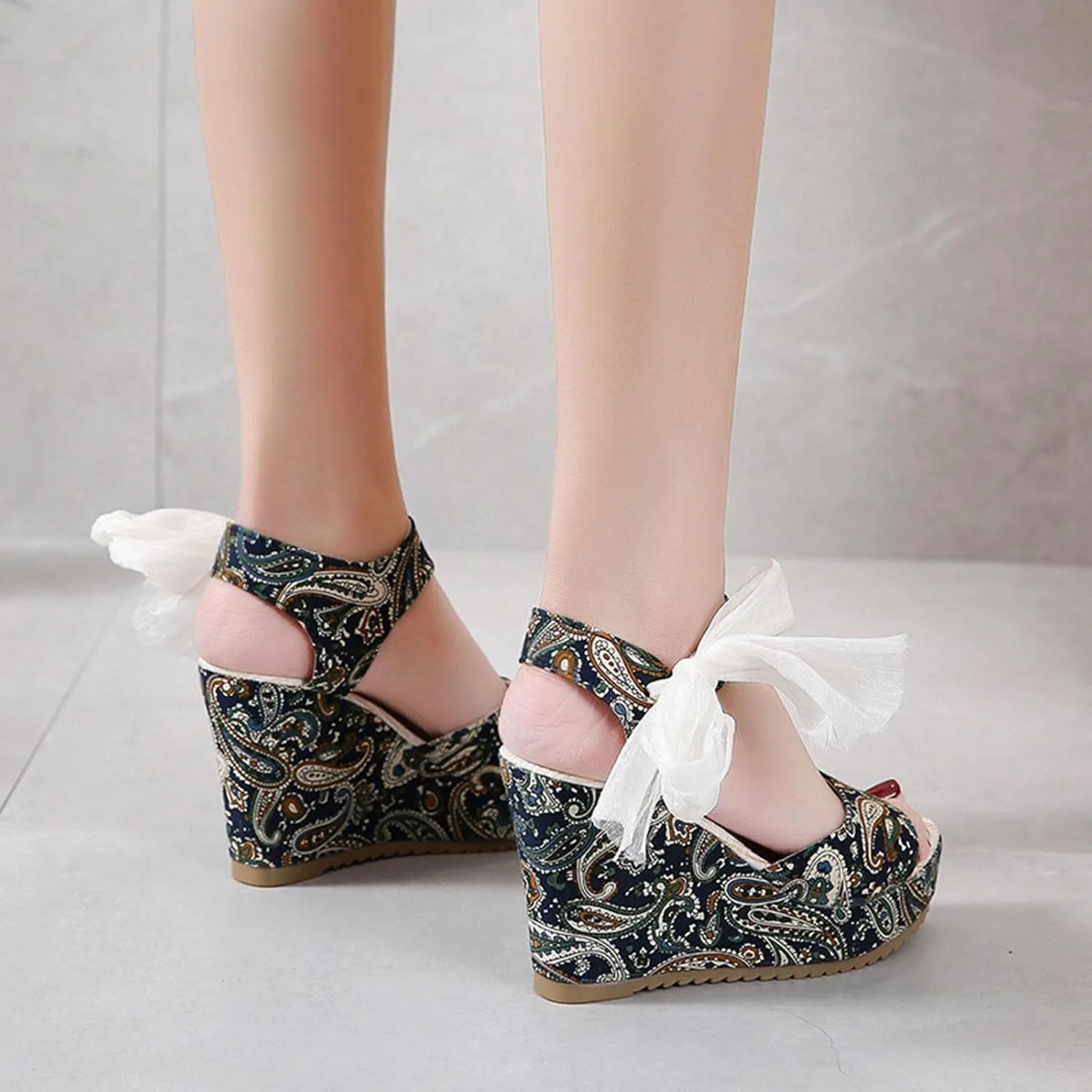 Women's Platform Sandals Wedge Open Toe Ankle Strap Lace Wedding Bridesmaid Shoes Wide Width Low Heel Summer Casual Bohemia