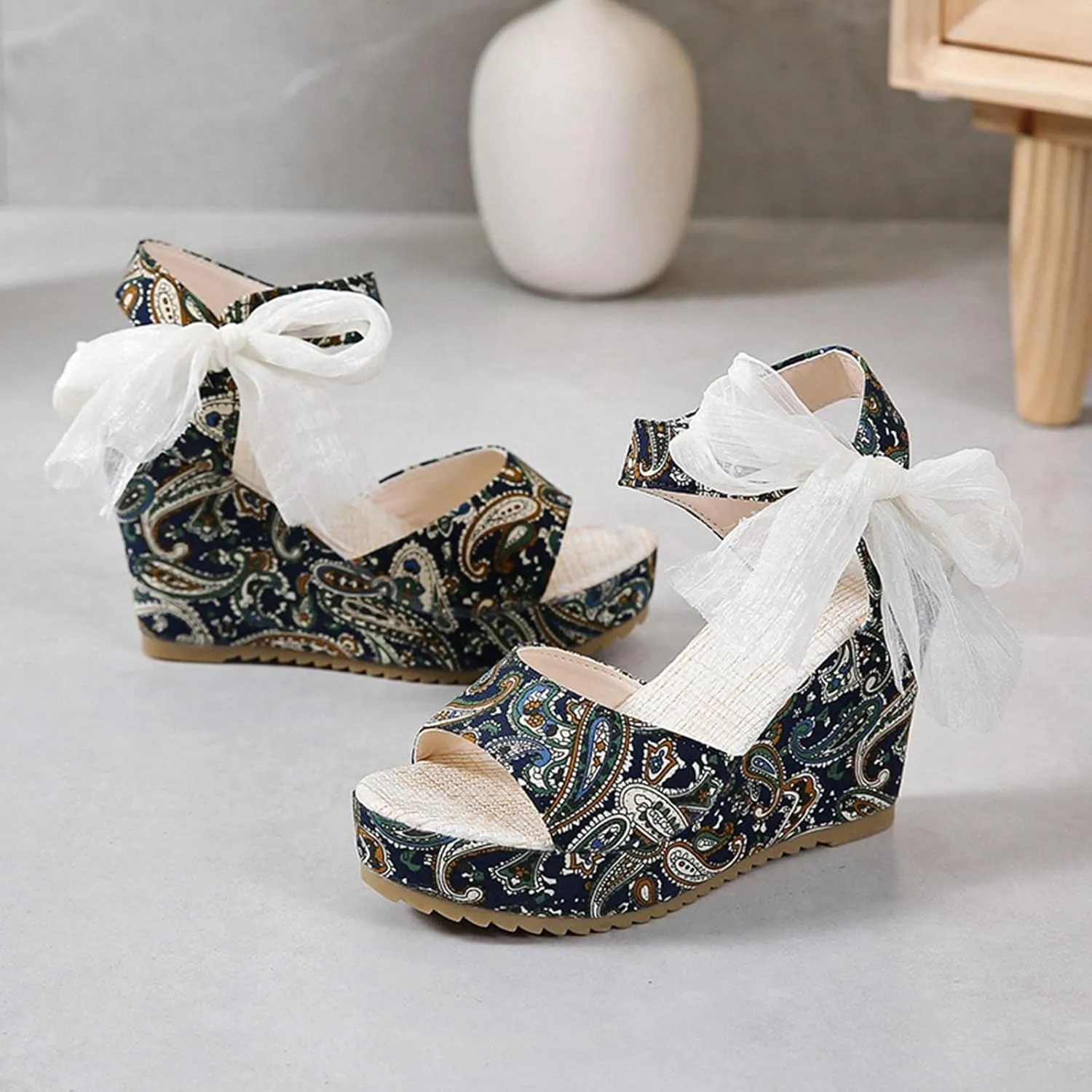 Women's Platform Sandals Wedge Open Toe Ankle Strap Lace Wedding Bridesmaid Shoes Wide Width Low Heel Summer Casual Bohemia