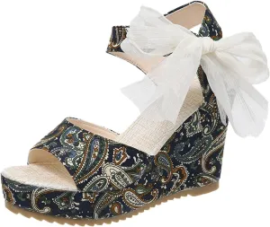 Women's Platform Sandals Wedge Open Toe Ankle Strap Lace Wedding Bridesmaid Shoes Wide Width Low Heel Summer Casual Bohemia
