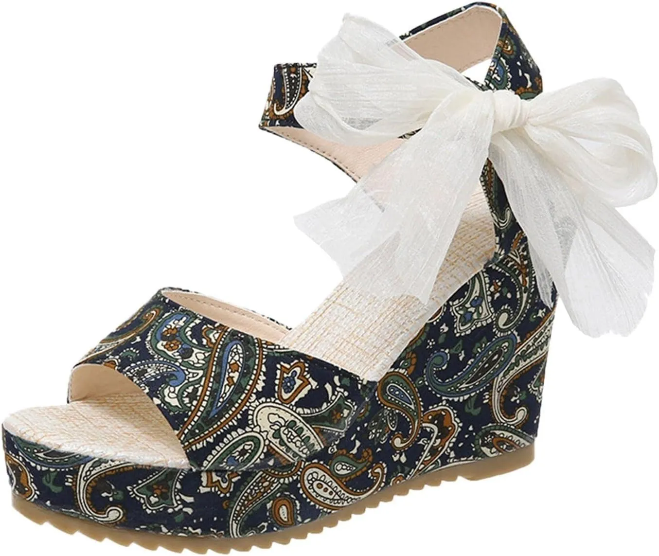 Women's Platform Sandals Wedge Open Toe Ankle Strap Lace Wedding Bridesmaid Shoes Wide Width Low Heel Summer Casual Bohemia