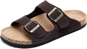 Womens Sandals with Adjustable Buckles Memory Foam, Comfort Cork Footbed Arch Support Leather Slide Sandals for Women