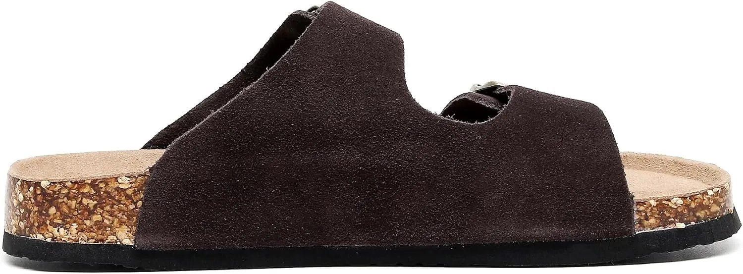 Womens Sandals with Adjustable Buckles Memory Foam, Comfort Cork Footbed Arch Support Leather Slide Sandals for Women