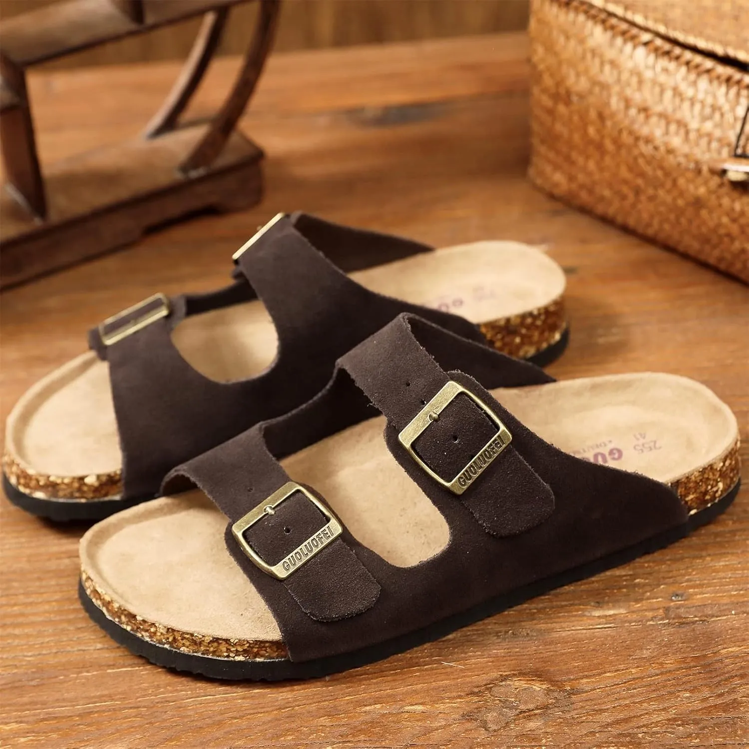 Womens Sandals with Adjustable Buckles Memory Foam, Comfort Cork Footbed Arch Support Leather Slide Sandals for Women
