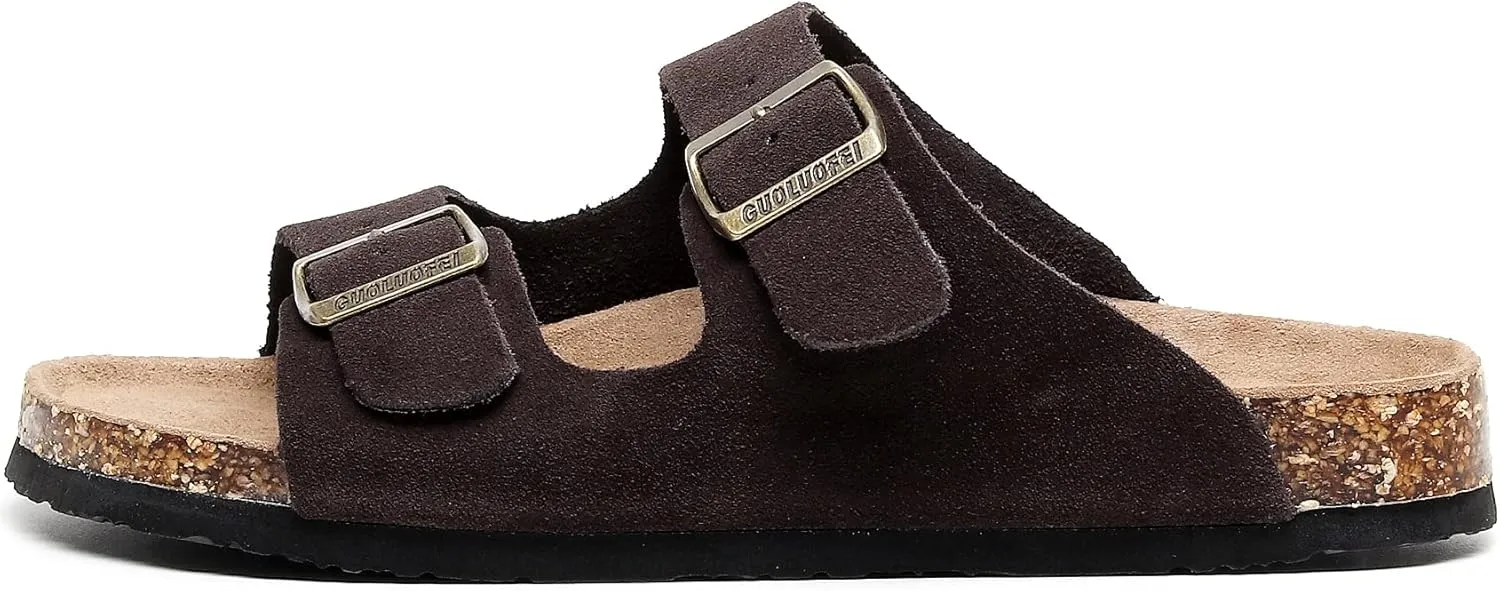 Womens Sandals with Adjustable Buckles Memory Foam, Comfort Cork Footbed Arch Support Leather Slide Sandals for Women
