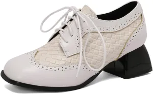Women's Square Toe Lace Up Chunky High Heel Oxfords Pumps Fashion Patchwork Wingtip Brogues Comfortable Vintage Derby Saddle Shoes