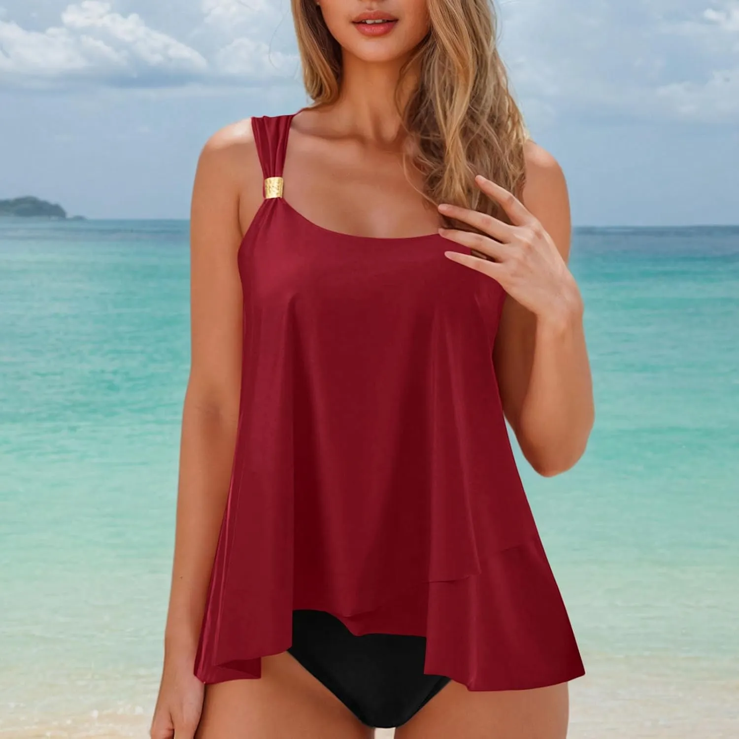 Womens Swimwear 2 Piece Sleeveless Spaghetti Strap Swim Sets Tankini Bathing Suit Loose Crewneck Sexy Triangle Monokini