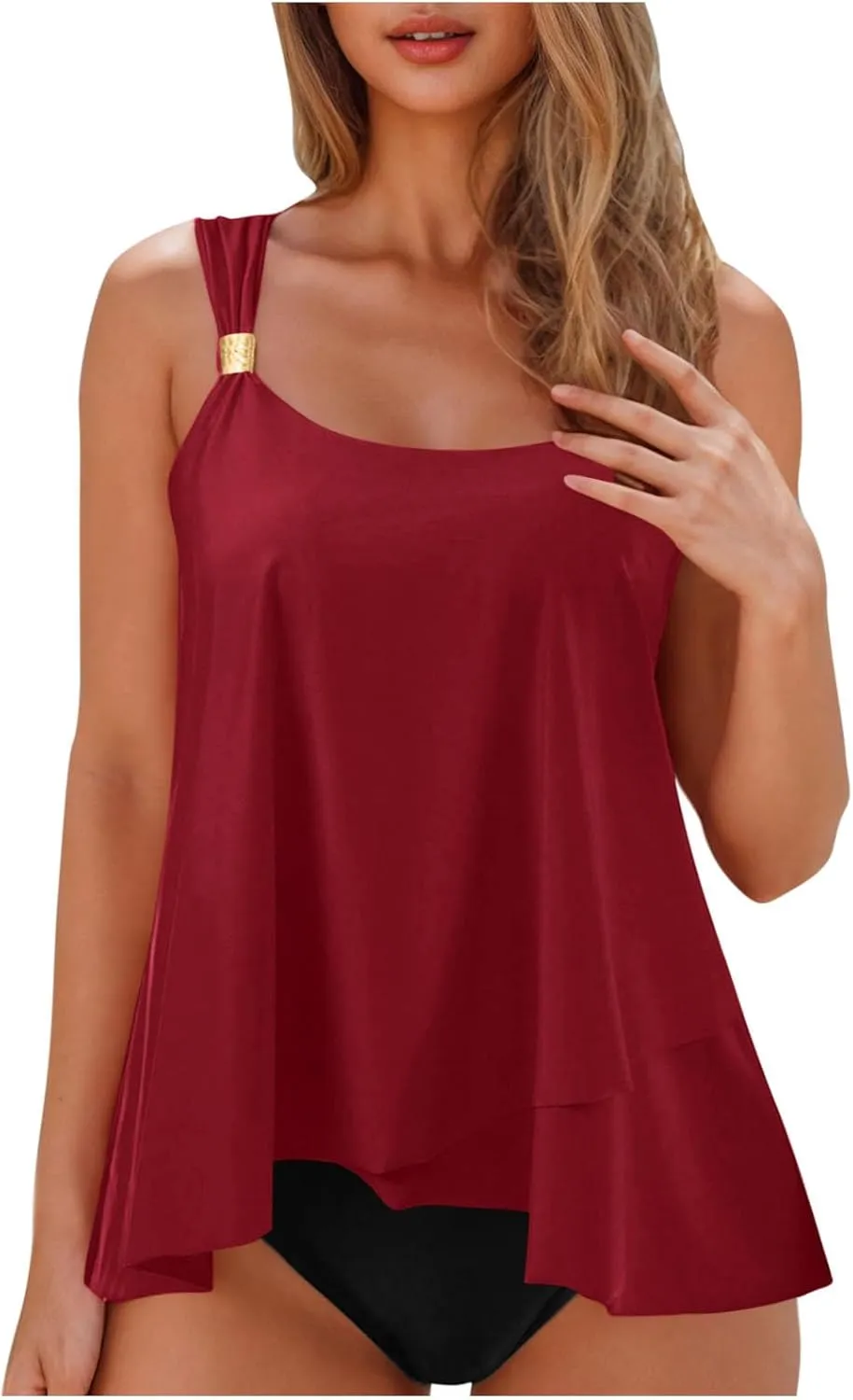 Womens Swimwear 2 Piece Sleeveless Spaghetti Strap Swim Sets Tankini Bathing Suit Loose Crewneck Sexy Triangle Monokini