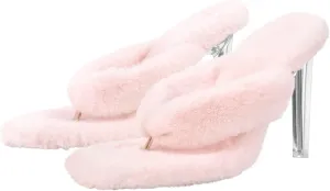 Yolkomo Women's Square Toe Stiletto High Heel Furry Sandals
