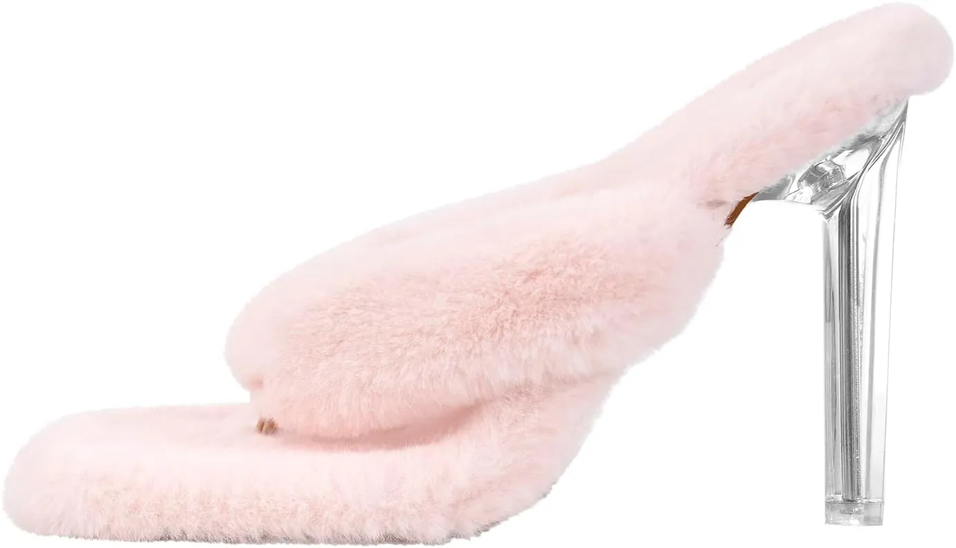 Yolkomo Women's Square Toe Stiletto High Heel Furry Sandals